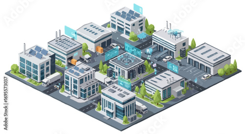 Flat isometric illustration of smart city with autonomous vehicles, drones delivering packages, connected traffic lights, and high-rise buildings equipped with wireless networks, isolated on white