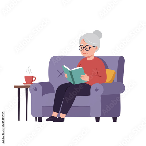 Comfortable older woman reading a book, wearing glasses, relaxing peacefully on a vibrant sofa with a steaming cup of tea on a nearby small table, depicted in a clean 2D flat vector illustration.