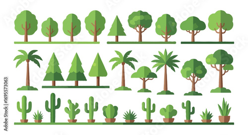 Flat vector illustration of various tree and plant icons including deciduous trees, pine trees, palm trees, tropical plants, and different types of cactus