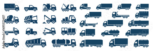Dark Blue Silhouette Icons of Various Trucks and Vehicles vector illustration