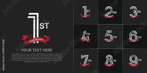 Anniversary logo set with double line number style. silver color with red ribbon can be use for special moment