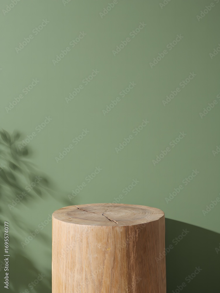 Fototapeta premium Natural wooden log podium with soft leaf shadows on a muted green background