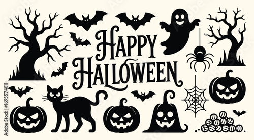 Halloween Silhouettes with " Happy Halloween" Text and Icons ghost spider