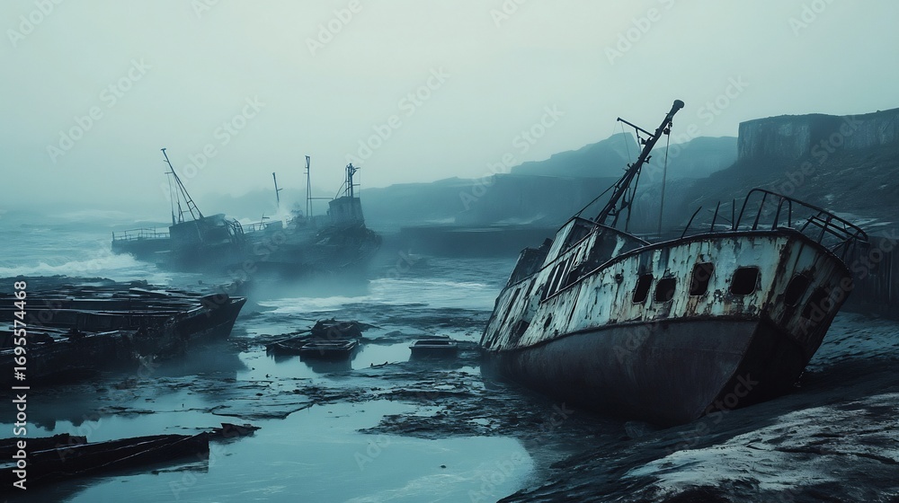 Fototapeta premium Ghostly Shipwrecks: A Moody Seascape of Decaying Vessels