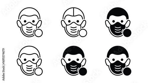Vector art of collection of face mask icons includes various styles of masks for protection, health, and safety themes