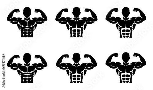 Six Black Silhouettes of Muscular Men Flexing Biceps on White Background
