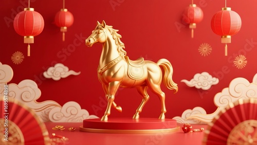 Golden Horse Statue with Chinese New Year Decorations