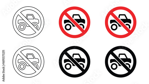 Vector art of no off road vehicle sign set of prohibition signs with car in red circle crossed with line vector illustration