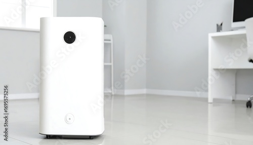 Modern air purifier enhancing indoor air quality in a minimalist office space