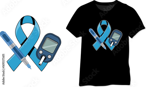 Vector art of diabetes awareness ribbon with glucometer and insulin pen