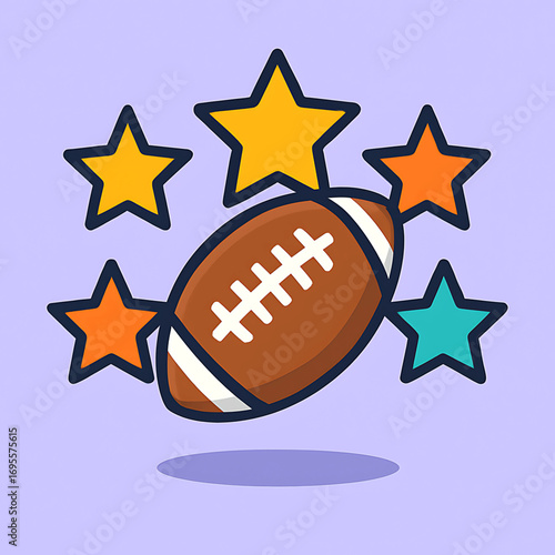 Vibrant cartoon illustration of an American football surrounded by colorful stars, symbolizing a sports championship, victory, and all-star achievement