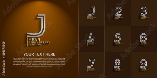 Anniversary logo set with double line number style. gold and silver color can be use for special moment