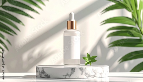 Minimalist cosmetic bottle mockup on a white marble podium with tropical palm leaves and sunlight shadows. Natural beauty product branding concept