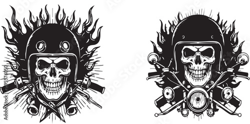 Vector graphics of a skull in a helmet with fire, motorcycle handlebars, and exhaust pipes
