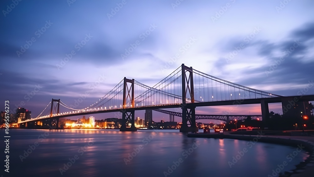 Naklejka premium Silhouetted suspension bridge at dusk with city lights