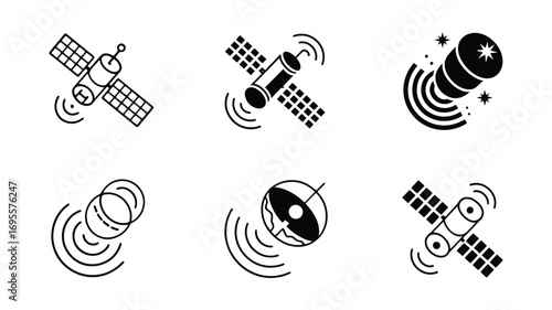Vector art of set of satellite icons, depicting communication technology and space exploration for various scientific and technological applications