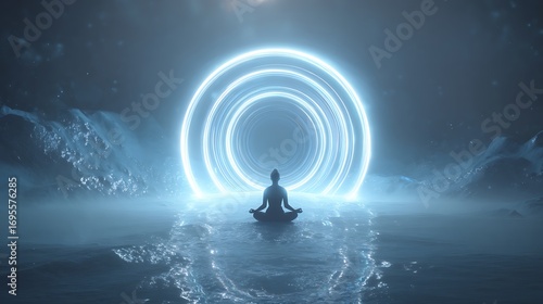 AI-guided breathwork session visualized with glowing pulse rings around user icy blue and misty whites