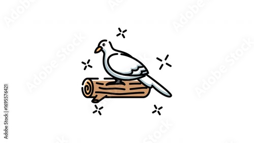 icon animation of Dove cartoon motion dove cartoon motion shows a white dove sitting on a log peacefully.