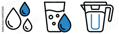 Water purification and hydration icons with drops glass and pitcher Keywords: water, drop