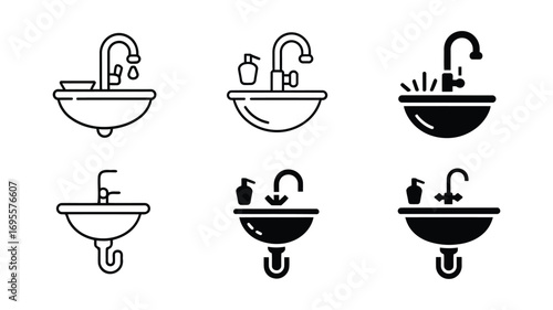 Vector art of collection of bathroom sink icons, featuring various faucet styles and plumbing arrangements for modern design projects