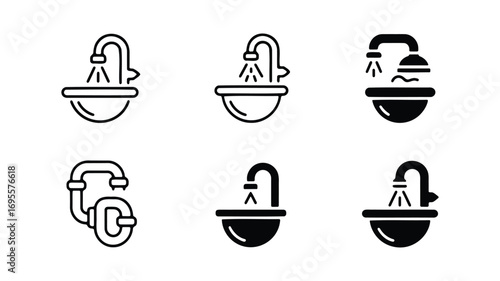 Vector art of collection of bathroom sink icons, featuring various faucet styles and plumbing arrangements for modern design projects