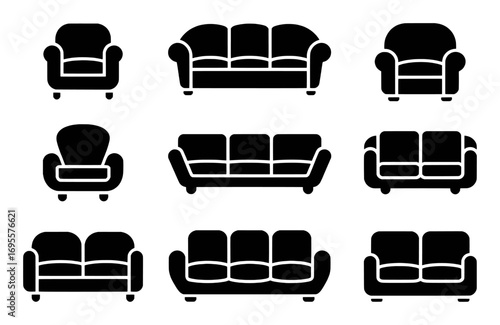 Collection of Black Sofa and Armchair Icons on White Background