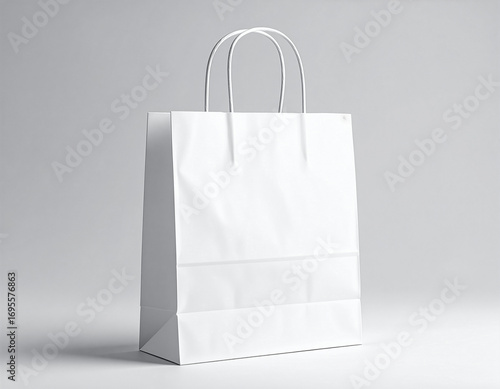 Blank paper shopping bag with handles, standing on neutral background, studio lighting  mockup
