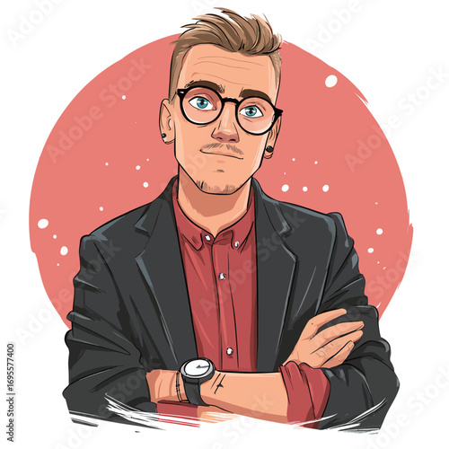A young man with a modern haircut and glasses stands confidently with his arms crossed. He wears a stylish outfit featuring a blazer and a button-up shirt.