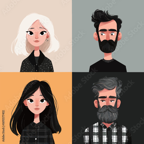 Four cartoon characters are displayed, each with distinct styles, hair colors, and expressions.