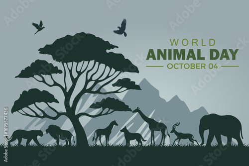 World Animal Day Vector illustration with silhouettes of wild animals under a tree, mountains in the background, and birds flying. Perfect design for October 4 awareness.