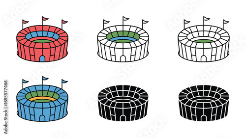 Vector art of collection of stadium designs in various styles, , showcasing architectural diversity for sports and event venues