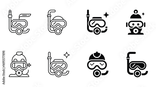 Vector art of collection of various diving mask icons, showcasing different designs and styles for underwater exploration