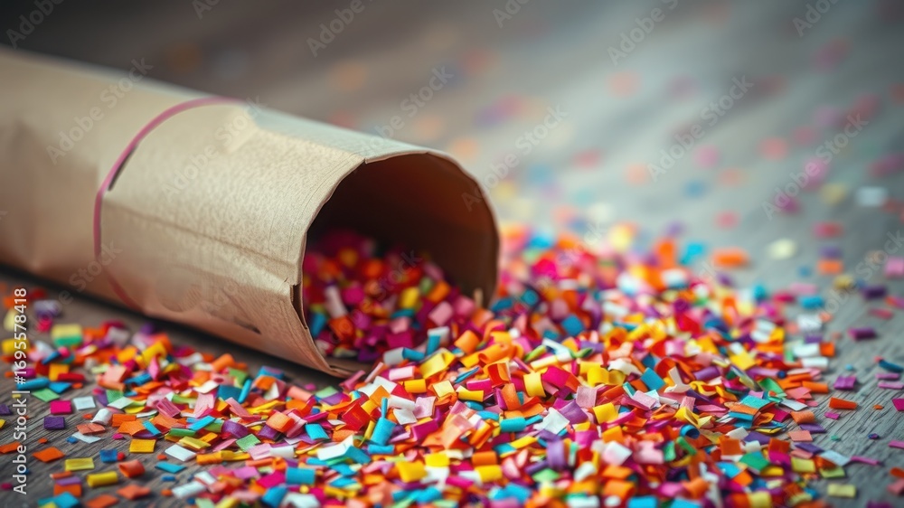 Obraz premium A close up shot of a paper bag tipped over with colorful confetti spilling onto a wooden surface