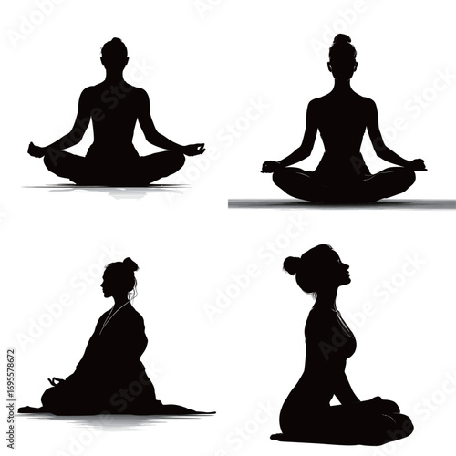 Four silhouettes of women engaged in different meditation and yoga poses showcase grace and tranquility against a simple backdrop.