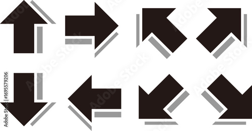 影付き太い矢印のアイコンのセット、黒
Set of thick arrow icons with shadows, black
