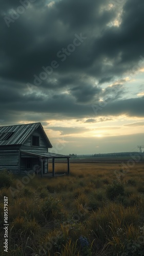Weathered house in a field under a dramatic cloudy sky at dusk with distant power lines visible