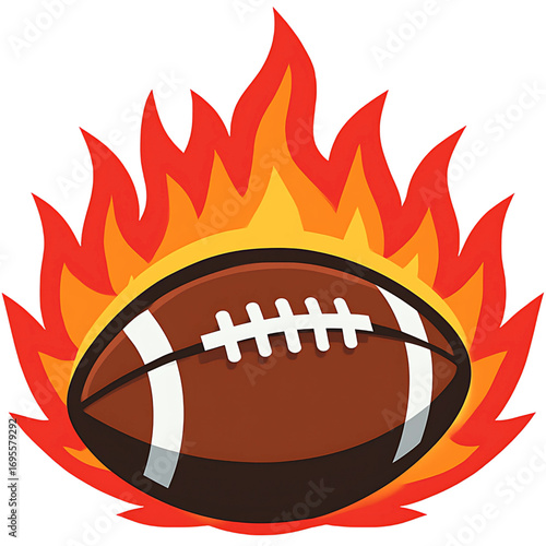 Dynamic American football icon engulfed in flames, symbolizing the intense passion and fiery competition of the sport