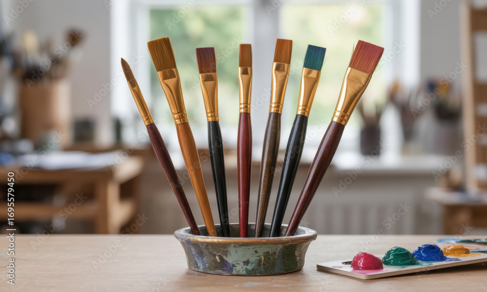 Obraz premium Professional artist paintbrushes and colorful palette on a wooden table in a studio