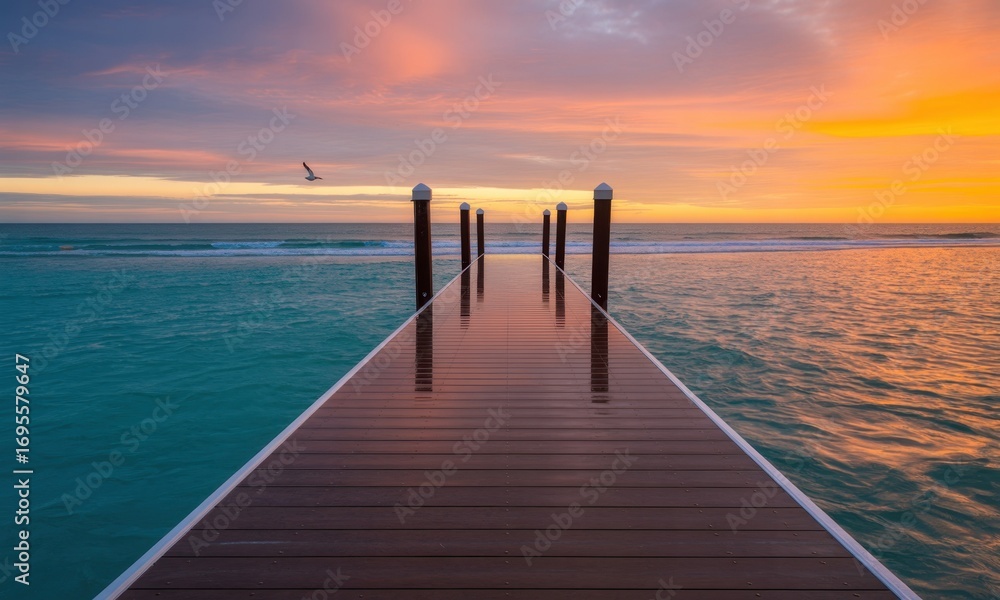Fototapeta premium Newly constructed dark brown wooden pier extending into turquoise ocean at vibrant sunset with a flying bird