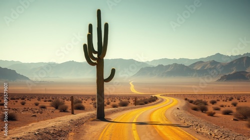 A saguaro cactus standing tall beside a winding road through a desert landscape with distant mountains