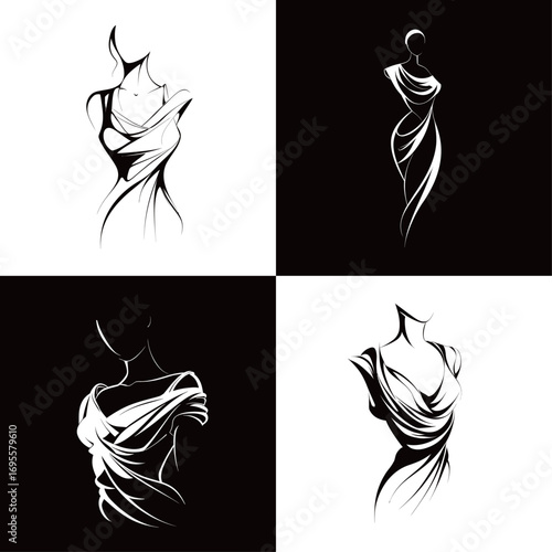 Four stylish sketches showcase flowing drapery in gown designs. Each dress features unique folds and lines, celebrated on black and white backgrounds.