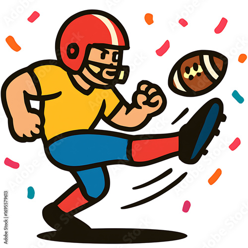 Dynamic cartoon illustration of an American football player making a celebratory kick surrounded by festive confetti during a game