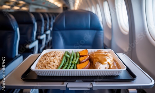 Standard airline meal tray with hot food served on a fold down table in an airplane cabin