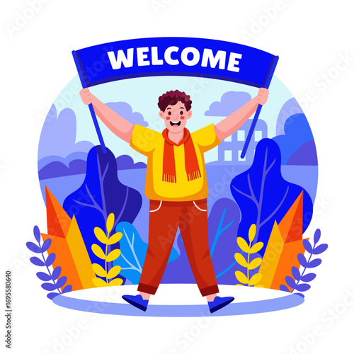 A flat style illustration showing a welcome banner 