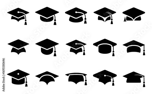 Collection of Graduation Caps Icons in Black and White