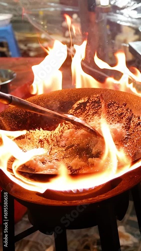 Stir Frying Meat Over Open Flame at Night Market