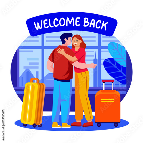 A flat style illustration showing a welcome back hug 
