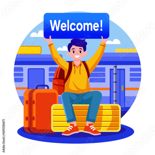Flat style illustration denoting a character in arrival welcome