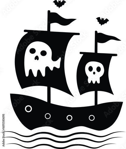 Spooky Halloween Pirate Ship Illustration Ghost and Skull Sails