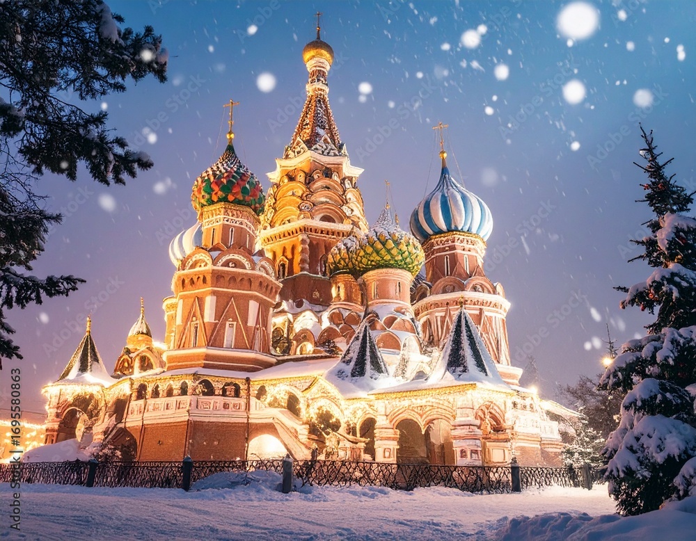 Fototapeta premium St. Basil's Cathedral in Moscow, Russia, illuminated at night during a snowy winter evening with falling snowflakes.